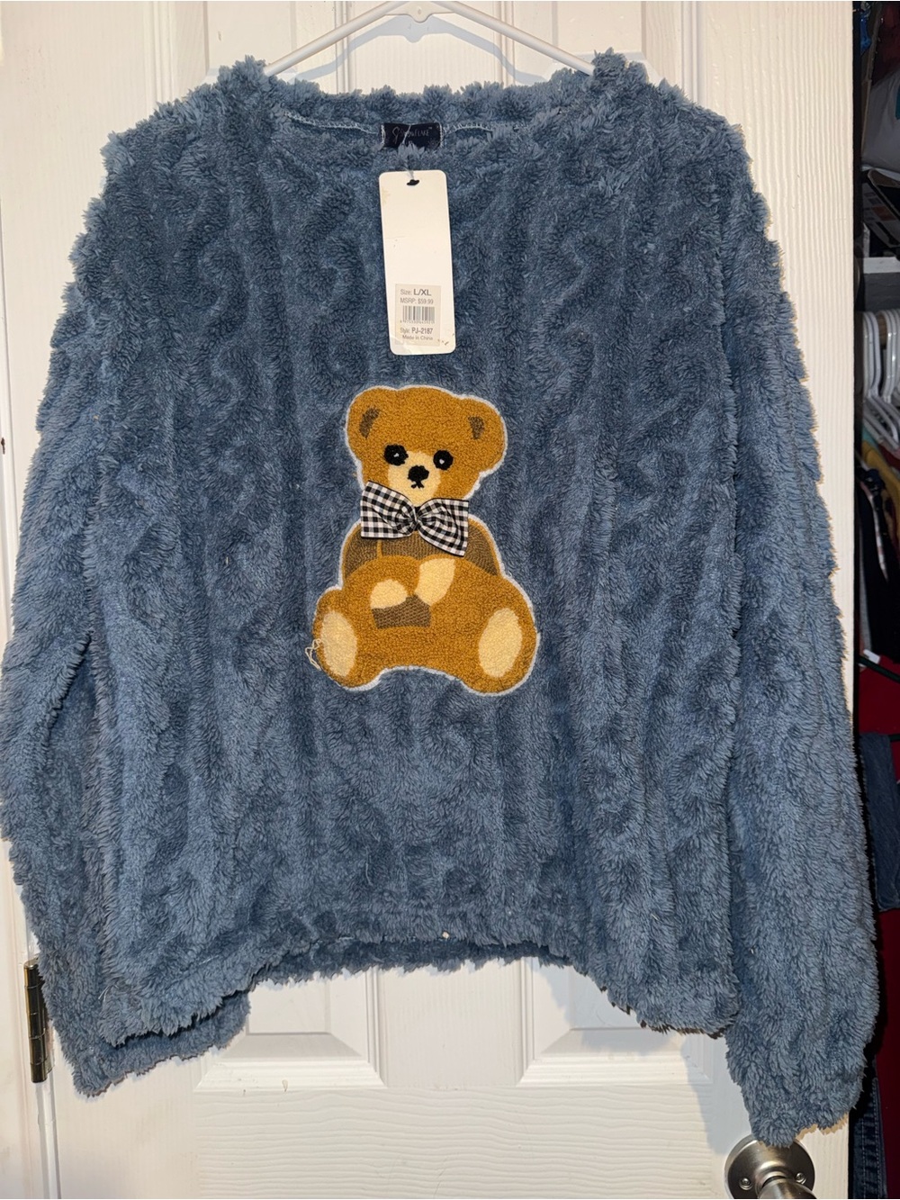 Cozy Teddy Plush Crewneck Sweater - Blue